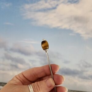 Natural Tiger Eye Crown Oval Stainless Steel Hair Stick